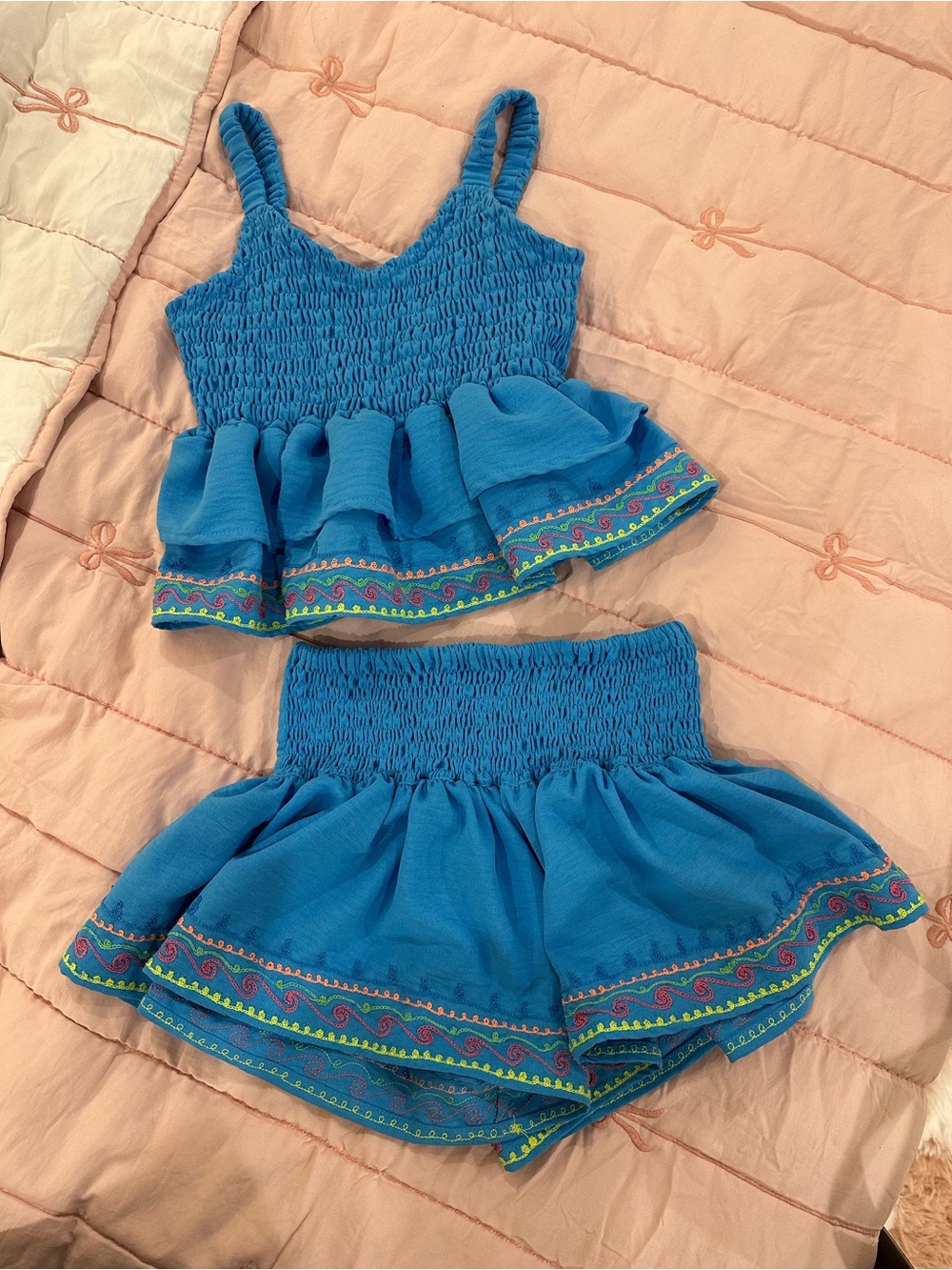 Girls Blue Smocked Ruffle Tank & Shorts Matching Set